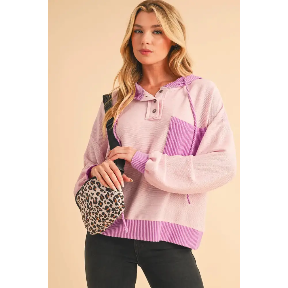 White Corded Patch Pocket Drawstring Henley Long Sleeve Top.