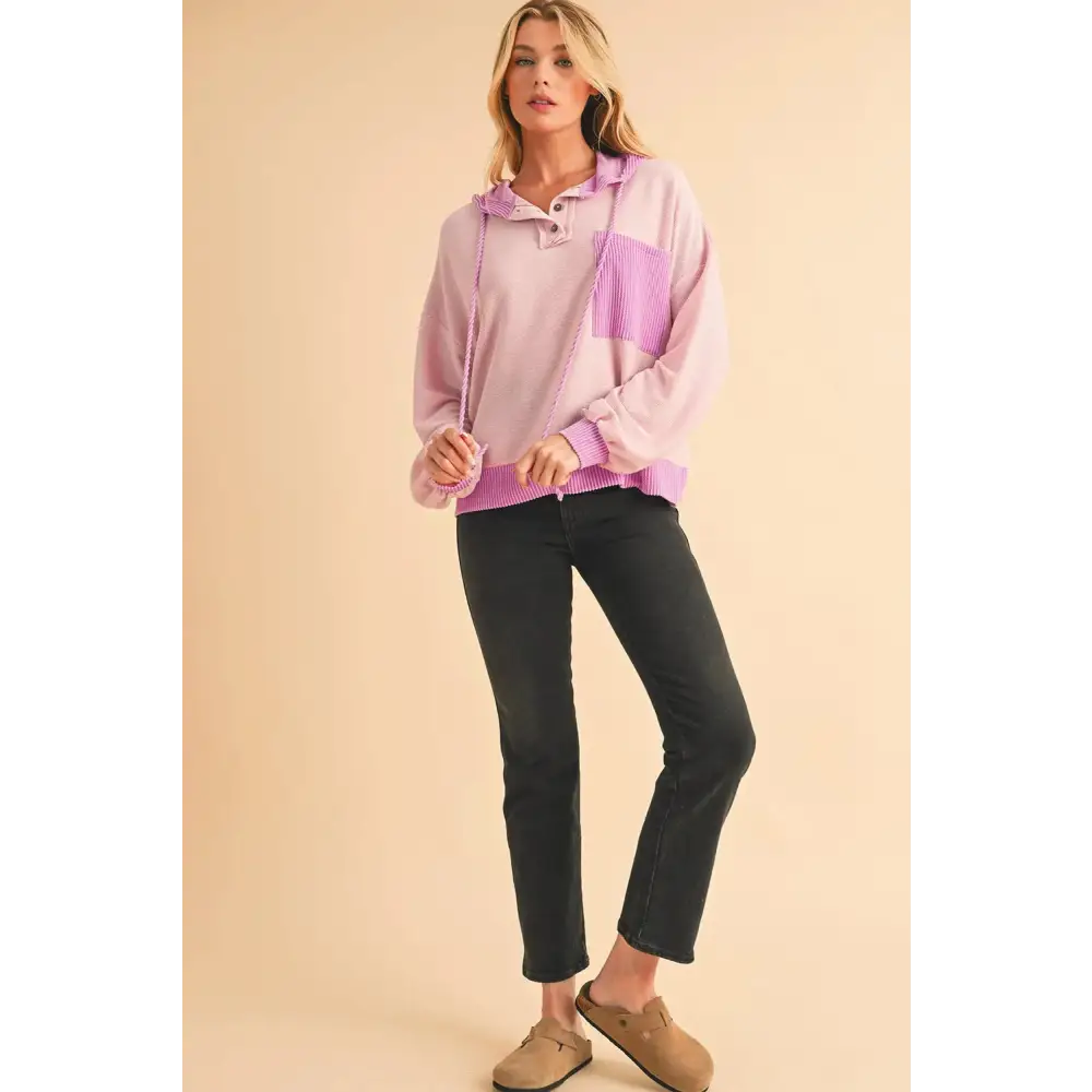 White Corded Patch Pocket Drawstring Henley Long Sleeve Top.