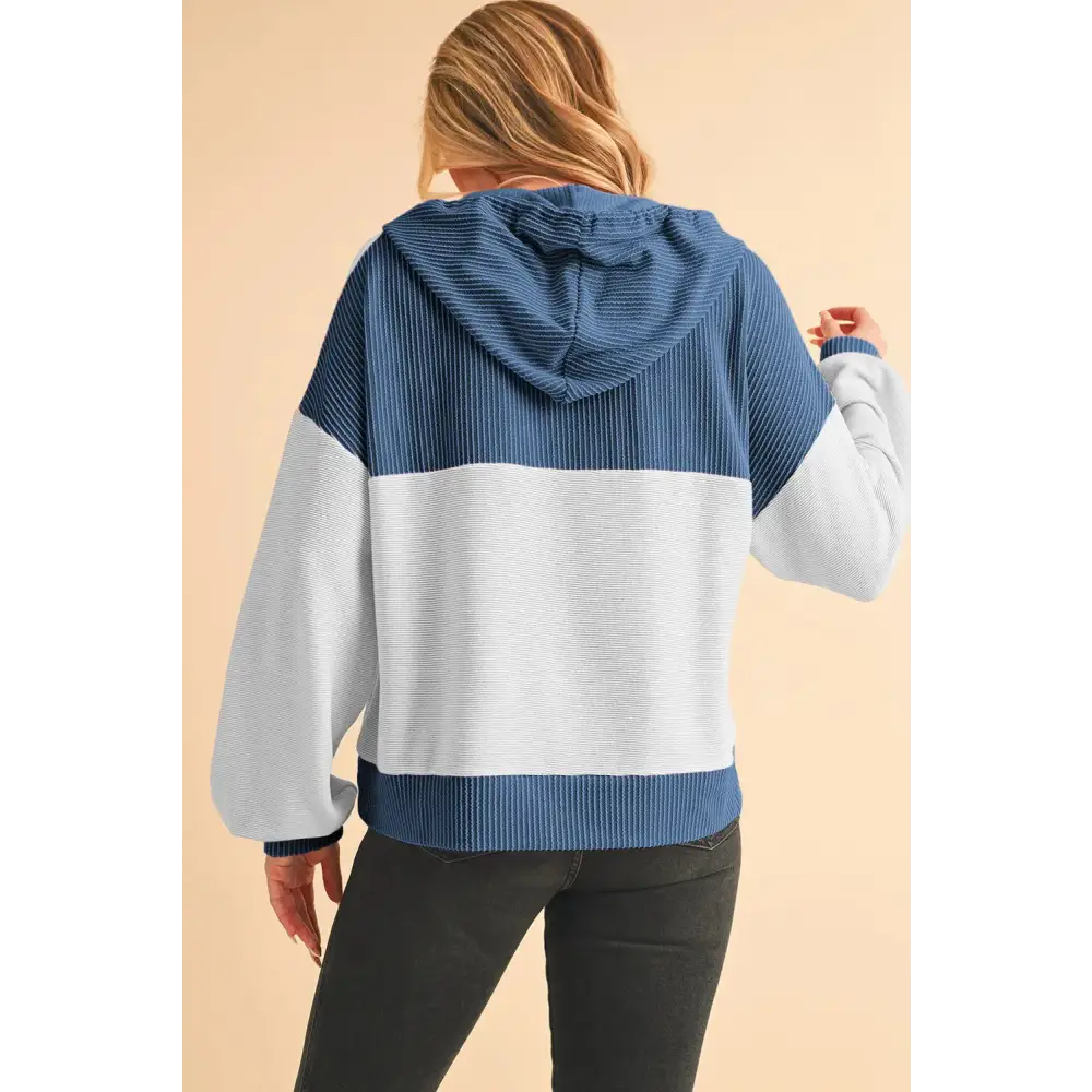White Corded Patch Pocket Drawstring Henley Long Sleeve Top.