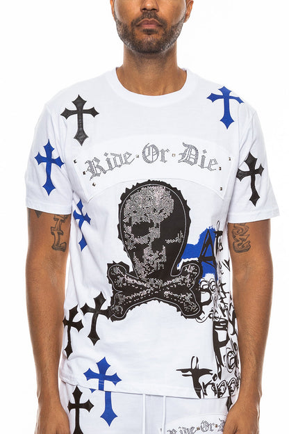 Man wearing a white t-shirt with black and blue designs and text on a white background