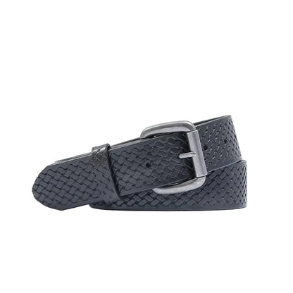 Black textured belt with silver buckle on a white background