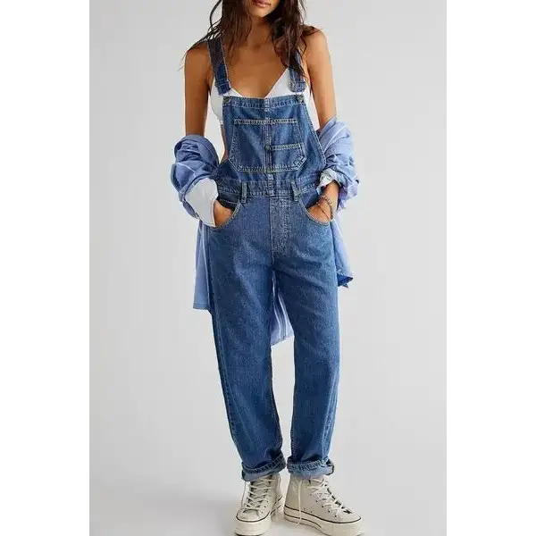 Wide Strap Square Neck Denim Overalls.