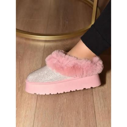 WILD DIVA Embellished Faux Fur Platform Booties.