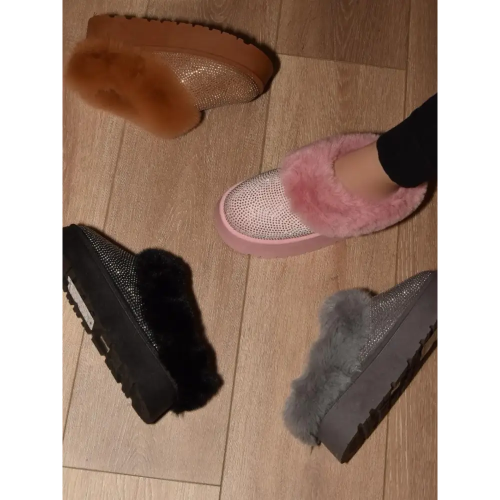 WILD DIVA Embellished Faux Fur Platform Booties.
