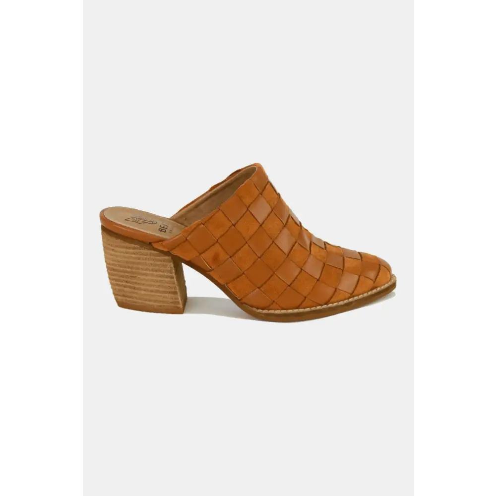Woven Checkerboard Block Heel Mule Shoes.