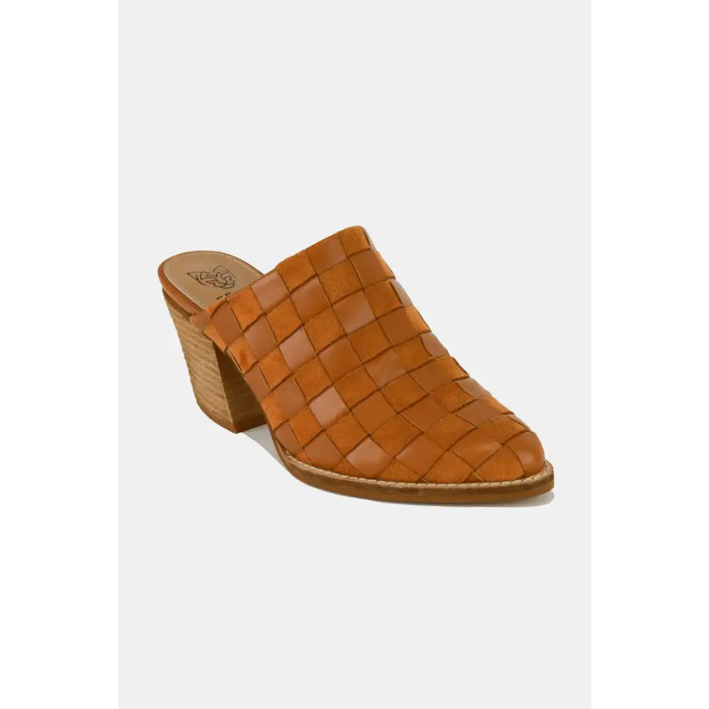 Woven Checkerboard Block Heel Mule Shoes.