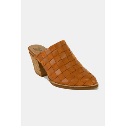 Woven Checkerboard Block Heel Mule Shoes.