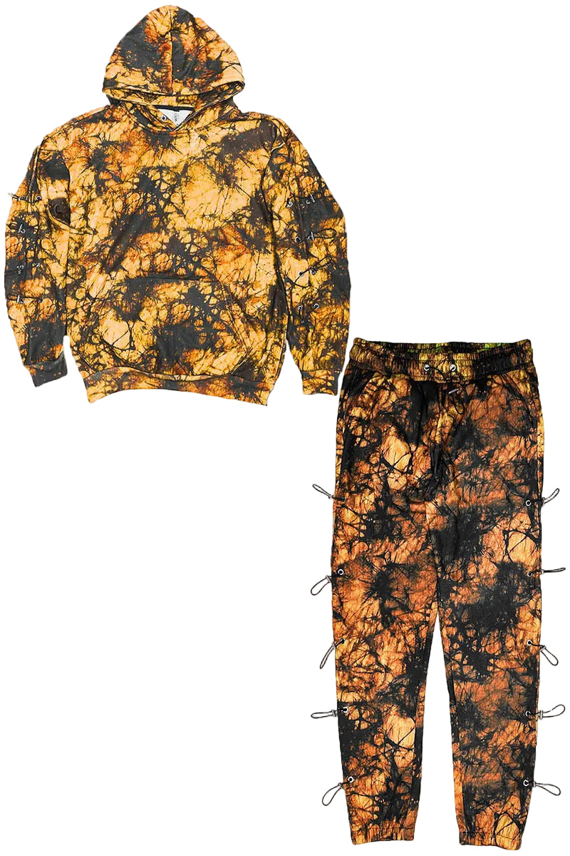 Tie-dye hoodie and pants set on a white background
