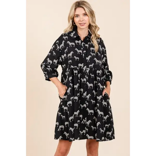Zebra Print Button Down Shirt Mini Dress.