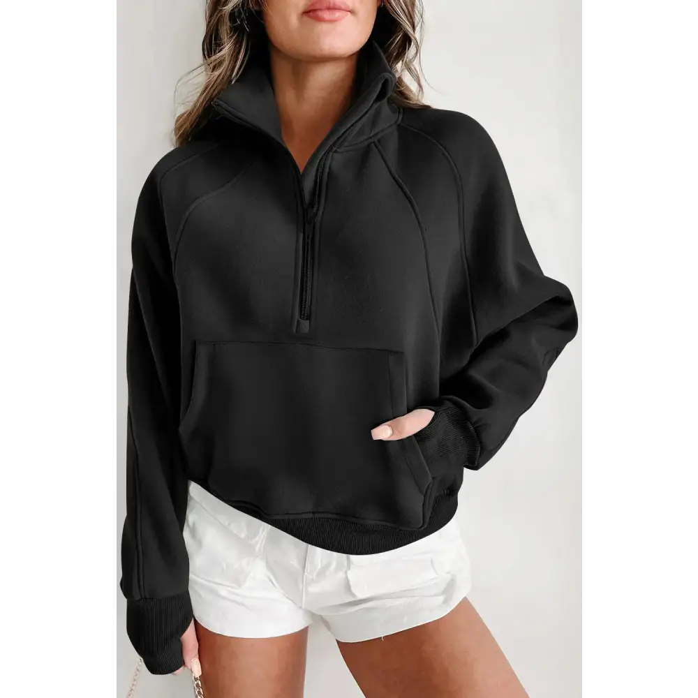 Zip Up Stand Collar Ribbed Thumbhole Sleeve Sweatshirt.