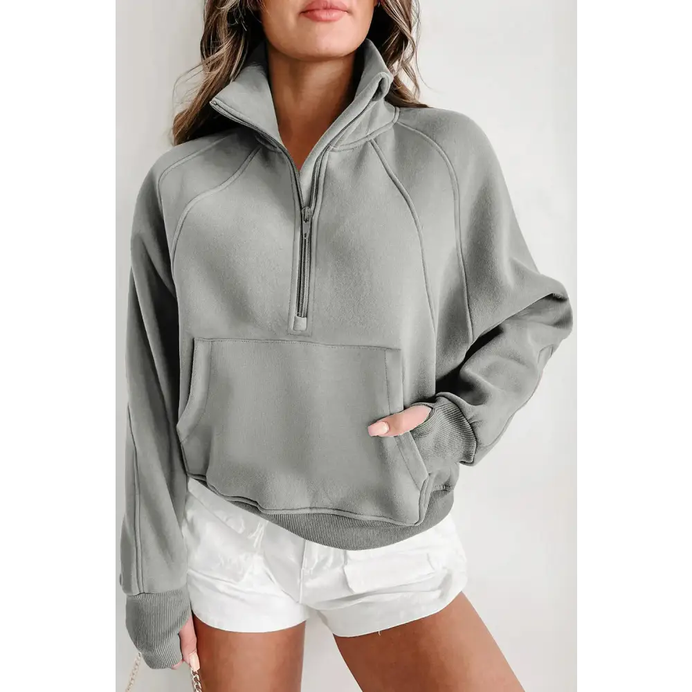 Zip Up Stand Collar Ribbed Thumbhole Sleeve Sweatshirt.