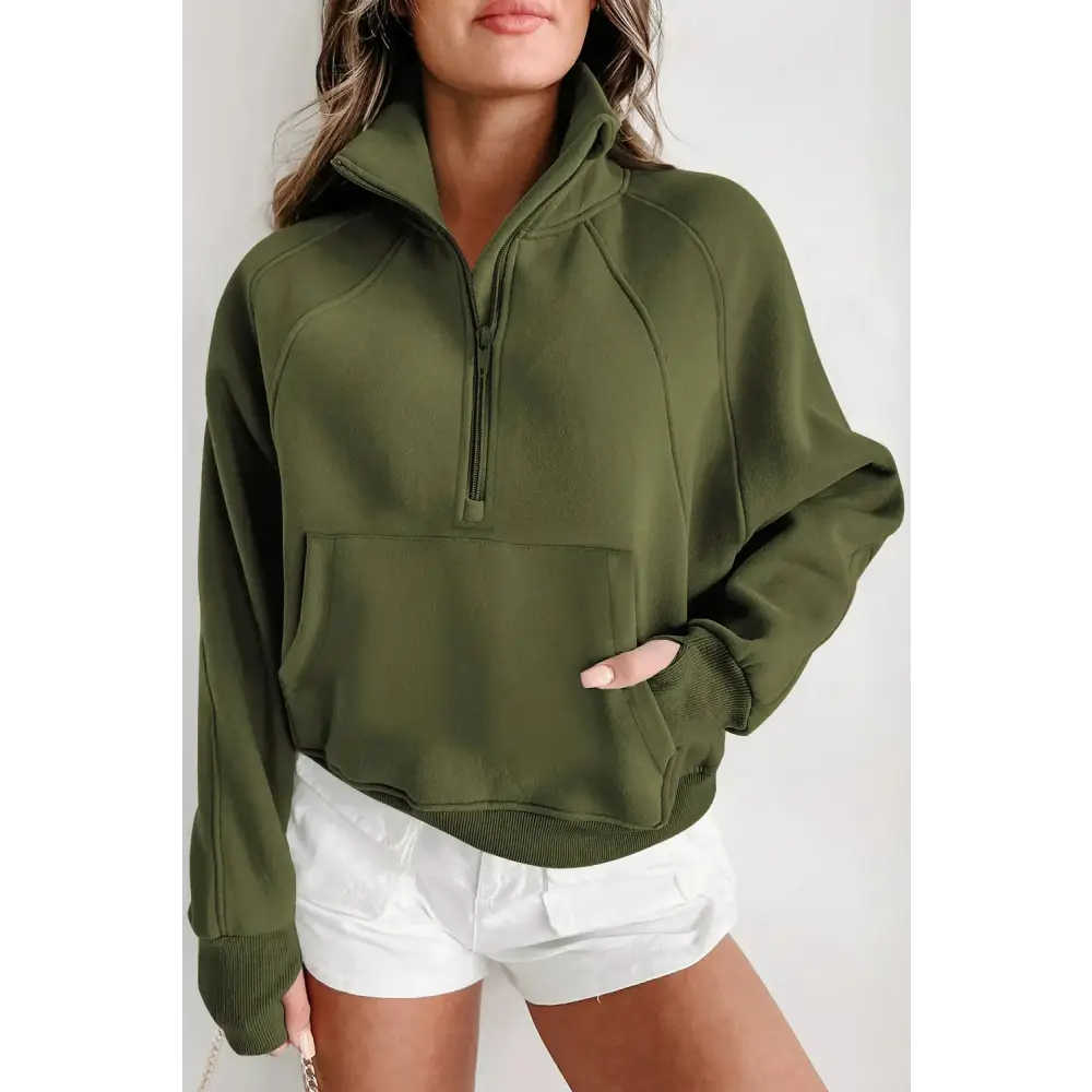 Zip Up Stand Collar Ribbed Thumbhole Sleeve Sweatshirt.