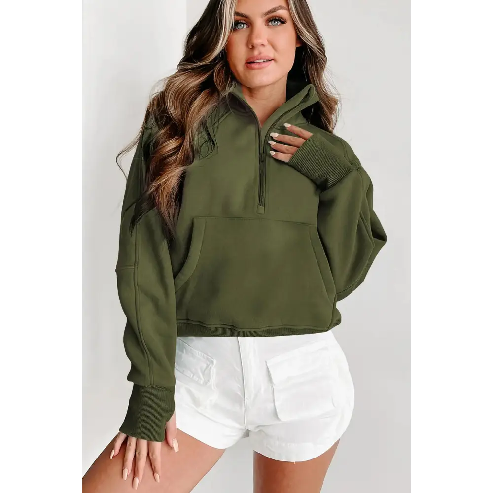 Zip Up Stand Collar Ribbed Thumbhole Sleeve Sweatshirt.