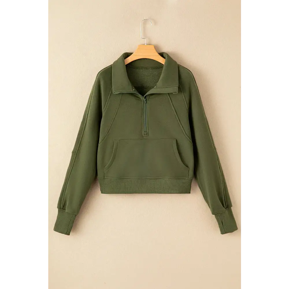 Zip Up Stand Collar Ribbed Thumbhole Sleeve Sweatshirt.