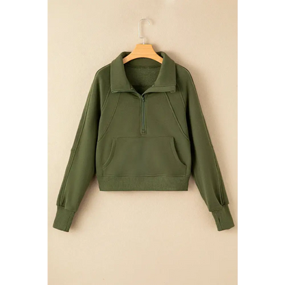 Zip Up Stand Collar Ribbed Thumbhole Sleeve Sweatshirt.