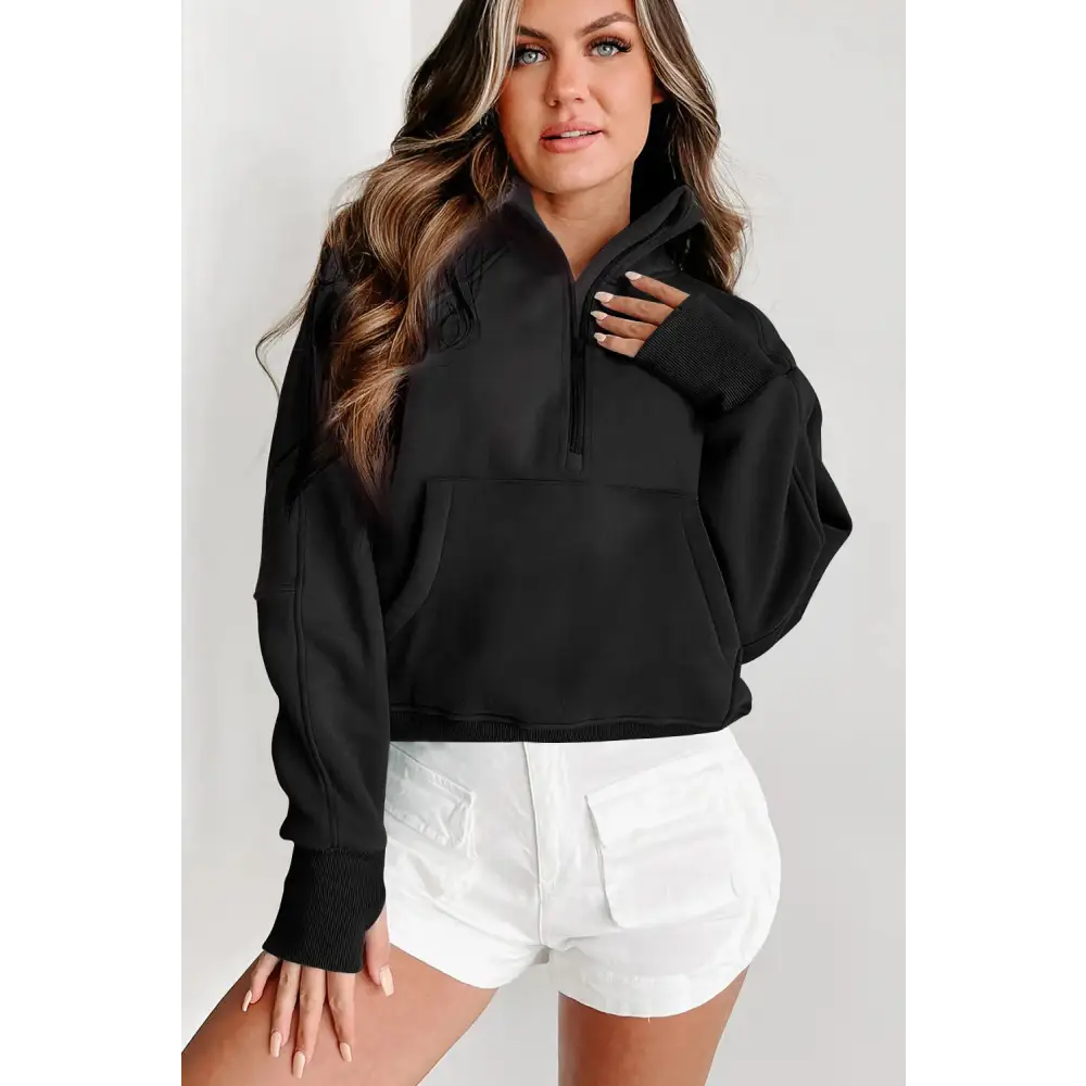 Zip Up Stand Collar Ribbed Thumbhole Sleeve Sweatshirt.
