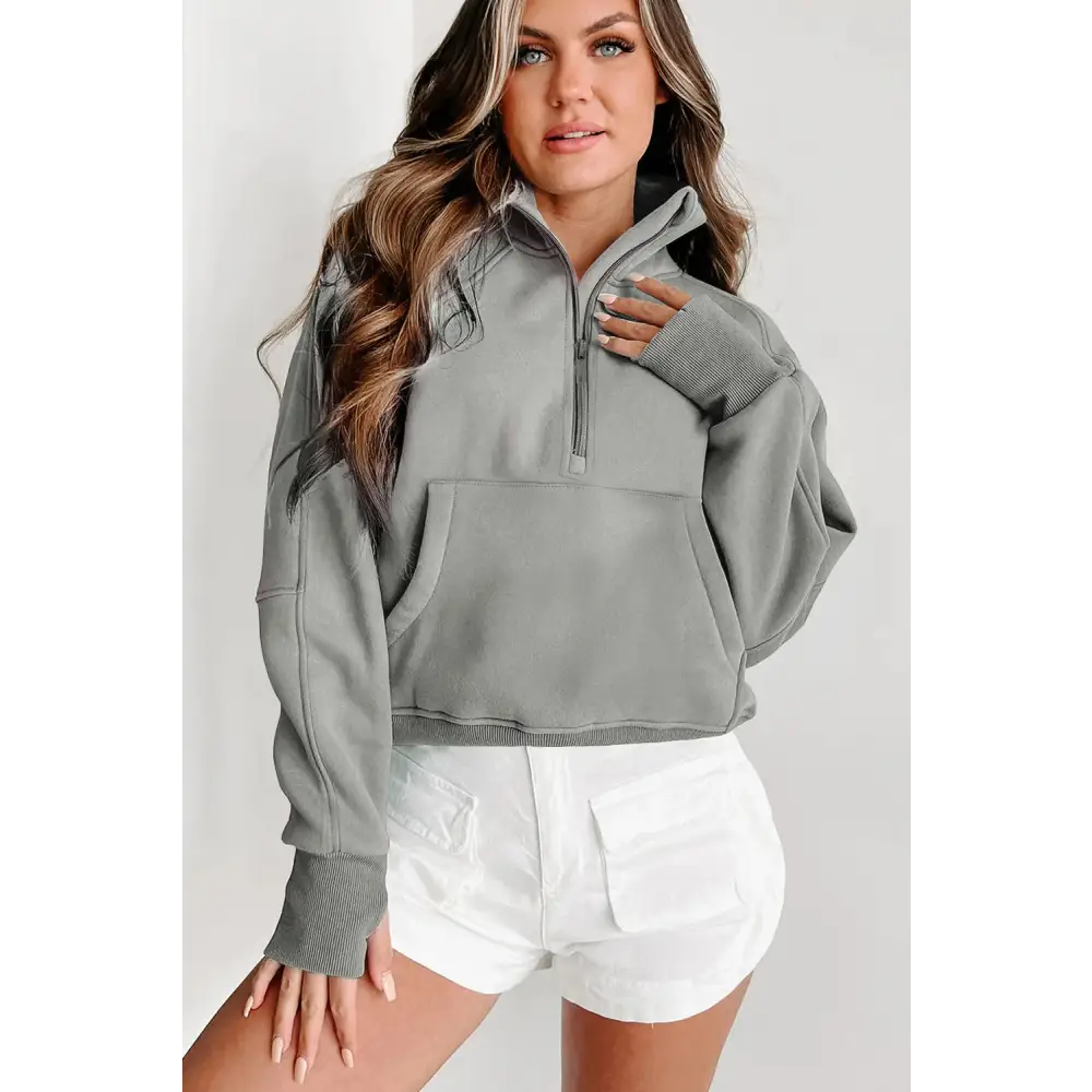Zip Up Stand Collar Ribbed Thumbhole Sleeve Sweatshirt.