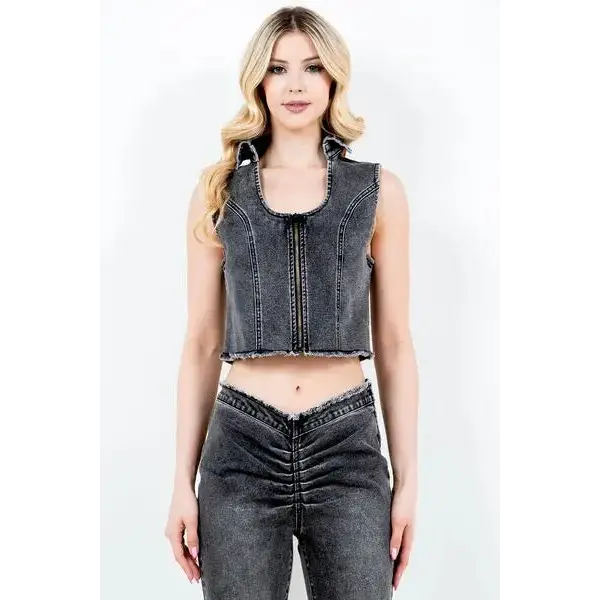 Zip Up Washed Crop Denim Vest.