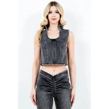 Zip Up Washed Crop Denim Vest.