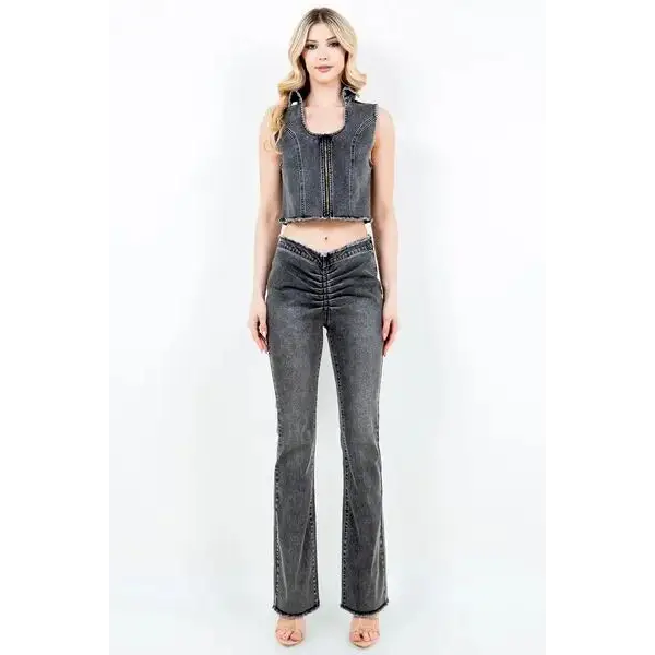 Zip Up Washed Crop Denim Vest.