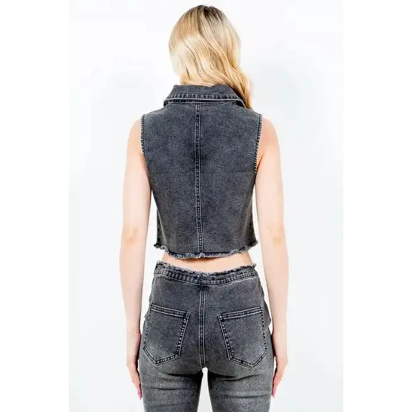 Zip Up Washed Crop Denim Vest.