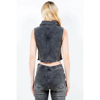 Zip Up Washed Crop Denim Vest.