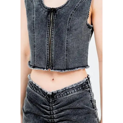 Zip Up Washed Crop Denim Vest.